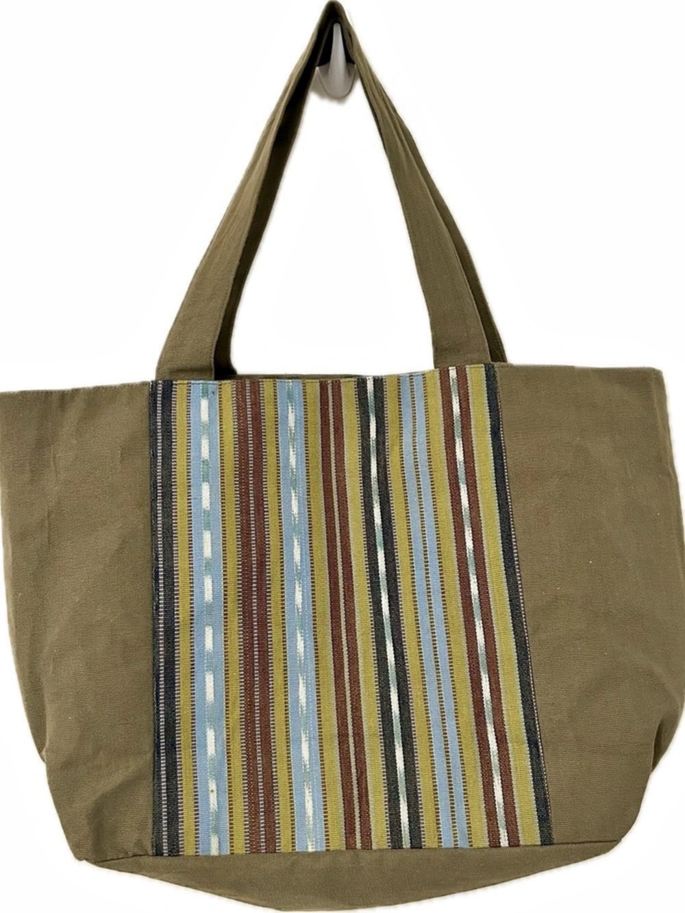 NOVICA Multicolor-Striped Olive Cotton Tote with Zipper Closure